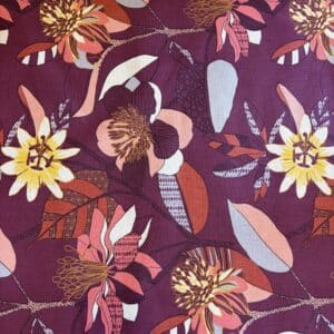 Coton effet lin fleurs exotiques bordeaux