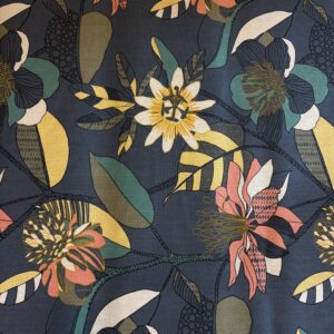 Coton effet lin floral bleu pétrole